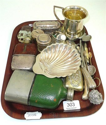 Lot 303 - A silver butter dish, Continental pill boxes, two hip flasks, silver and silver plate