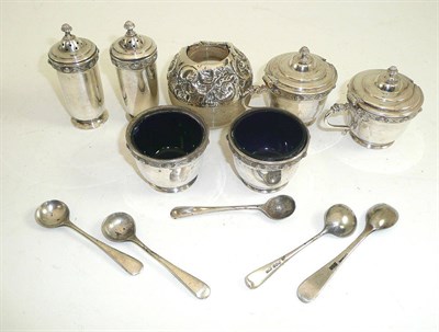 Lot 305 - A pair of silver bucket shaped salts, another pair of silver salts, two pepperettes, spoons and...