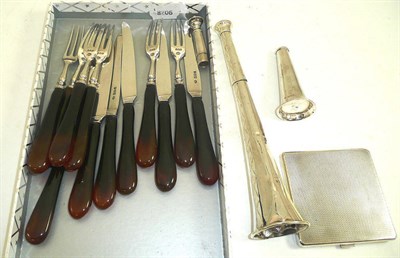 Lot 306 - Silver cutlery, silver horn and a silver cigarette case