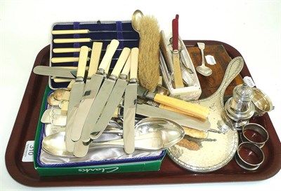 Lot 310 - Quantity of silver plate, olive wood album, silver hand mirror, silver pepperette, flatware etc