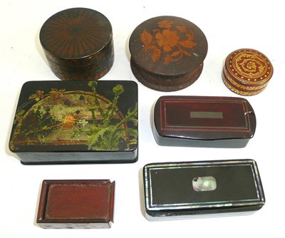 Lot 311 - Six assorted late 19th/early 20th century treen boxes and a leather and gilt circular box