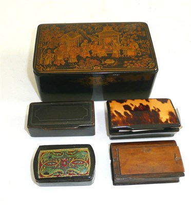 Lot 312 - A lacquered hinged box and four 19th century snuff boxes