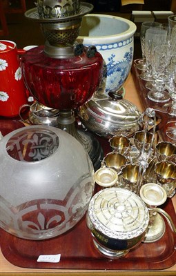 Lot 317 - Tray including cranberry glass oil lamp, plated tea set, Chinese planter, Chinese famille rose...