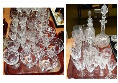 Lot 318 - Two trays of assorted crystal drinking glasses, decanters, decanter with silver collar and wine...