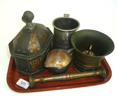 Lot 320 - Lead tobacco box, pewter tankard, plated jug, brass bell and a pestle and mortar