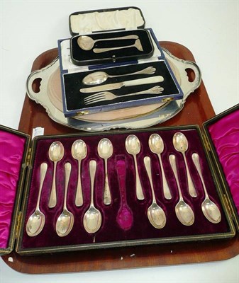 Lot 324 - Twelve silver teaspoons cased, baby spoon and pusher, a silver Christening set and silver...