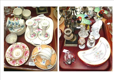 Lot 327 - Two trays including pair of gilt metal candelabra, a dressing table set, cabinet cups and...