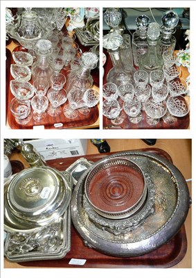 Lot 328 - Two trays of assorted glass ware, salts, decanters and a tray of silver plate including entree...