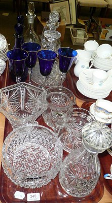 Lot 340 - Two trays including crystal decanters, jugs, fruit bowls, pair of commemorative blue glass...