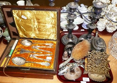 Lot 343 - Tray including pair of plated candelabra, three piece tea set, reticulated fish, two canteens...