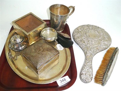 Lot 348 - A silver oval tray, a silver hand mirror, a silver salt, a button hook, a mug etc.