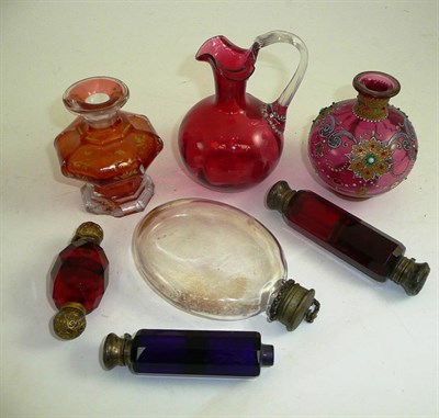 Lot 351 - Three Victorian double scent bottles, cranberry jug, bottle vase, a clear glass flask and scent...