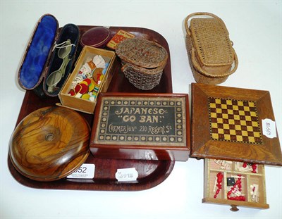 Lot 352 - Tray including spectacles, treen boxes, Japanese go ban game etc