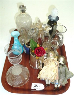 Lot 353 - Tray of assorted glass scent bottles, fan, handbag and four small dolls