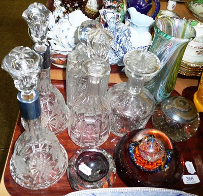 Lot 366 - Tray of glass decanters, two with silver collars, glass inkwell, modern glass paperweight etc