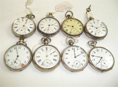 Lot 371 - Two silver open faced pocket watches, and six other open faced pocket watches with cases...