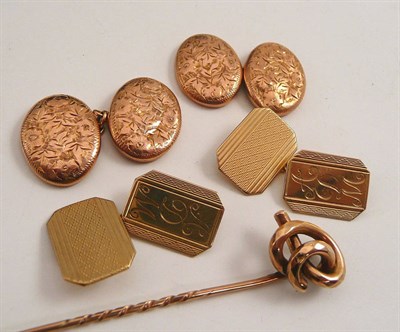 Lot 372 - Two pairs of cuff links stamped 375, and a yellow metal stick pin