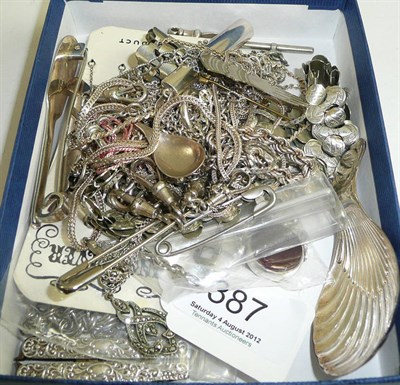 Lot 387 - A quantity of small silver including a caddy spoon, plated chain, fobs, swivels, chains, etc