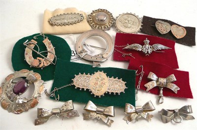 Lot 389 - Assorted silver brooches including bars, mizpah, target and buckle brooches and an RAF brooch