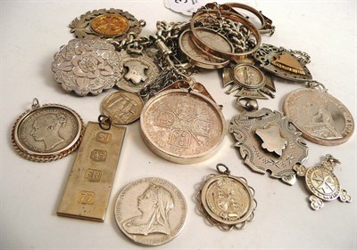 Lot 391 - Assorted silver coins, shields, medals, ingots and chains