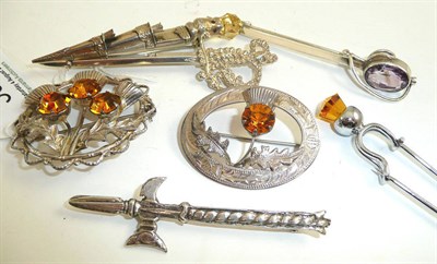 Lot 398 - A dirk brooch, silver brooches, etc