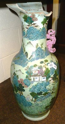 Lot 422 - Chinese polychrome painted vase, decorated with a building in a landscape (badly damaged)