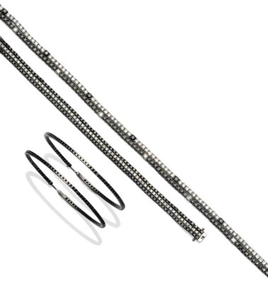 Lot 305 - A Suite of Diamond Set Jewellery, including a necklace set with black and white round brilliant cut