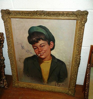 Lot 453 - 20th century Italian school, oil on canvas of a boy smoking a cigarette