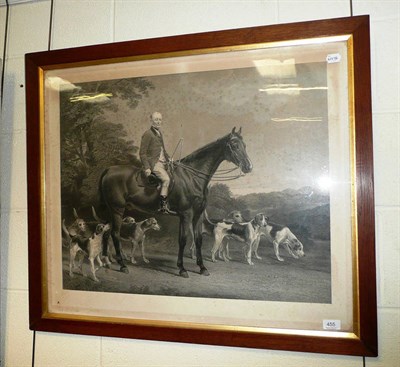 Lot 455 - Oak framed black and white print depicting a gentleman on horseback and hounds