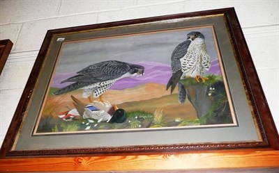 Lot 490 - Oil - two peregrine falcons, John.W Hills