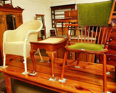 Lot 611 - Lloyd Loom basket chair, Edwardian beech chair and a mahogany stool