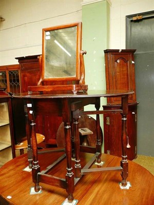 Lot 617 - Oak gateleg table, toilet mirror and an oak tripod table