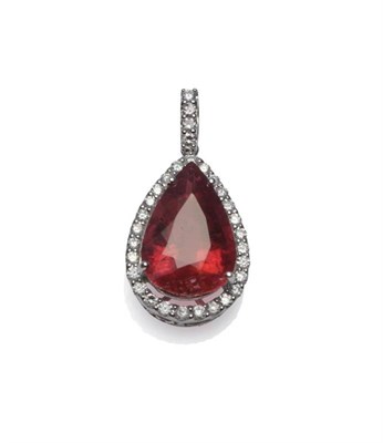 Lot 330 - A Rubellite and Diamond Pendant, the pear mixed cut rubellite within a border of round...