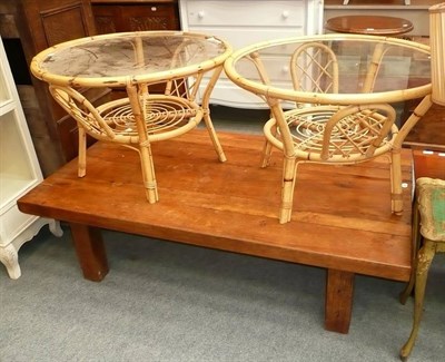 Lot 718 - Two large machine tapestries, a modern hardwood coffee table and two glass-topped bamboo coffee...