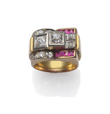 Lot 335 - A Ruby and Diamond Ring, circa 1940, inset with old cut diamonds, and calibré cut rubies, in white