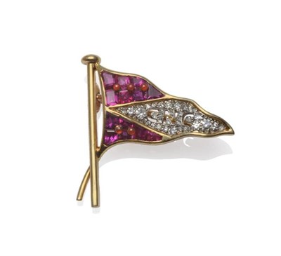 Lot 337 - A French Gold Ruby and Diamond Brooch, by Cartier, in the form of a waving triangular flag,...