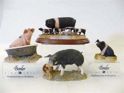 Lot 1044 - Three Border Fine Arts Pig models, 'Wilbur' with upturned apple bucket (American Collection), model