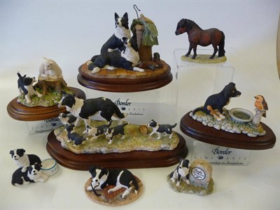 Lot 1050 - Eight Border Fine Arts Border Collie and Farming models, Collies 'Wait For Me', model No. SOC6;...