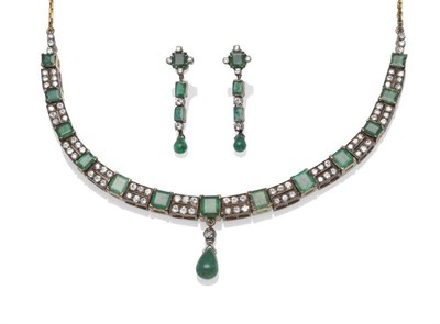 Lot 340 - An Emerald and Diamond Necklace, graduated emerald-cut emeralds alternate with brilliant cut...