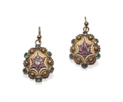 Lot 342 - A Pair of Ruby, Emerald and Enamel Drop Earrings, each as an almost round drop, with an emerald and