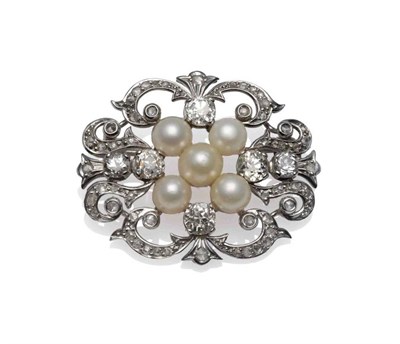 Lot 344 - A Diamond and Pearl Plaque Brooch, circa 1920, five pearls centre a scrolling frame, inset with old