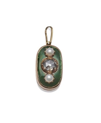 Lot 346 - An Enamelled, Diamond and Split Pearl Pendant, the lozenge shaped drop with a rose cut diamond...