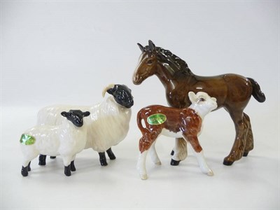 Lot 1124 - Beswick Hereford Calf, model No. 1406B, brown and white gloss, 7.6cm high; Black-Faced Ewe and...