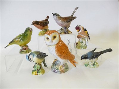 Lot 1140 - Beswick Barn Owl, model No. 2026; Blue Tit, No. 992A; Wren, No. 993A; Grey Wagtail, No. 1041A;...