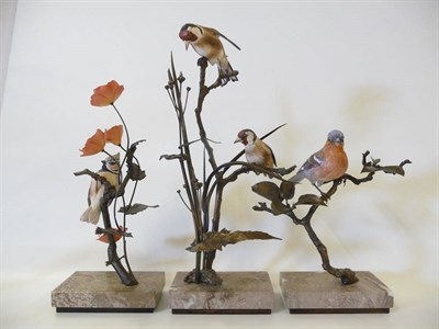 Lot 1143 - Three Albany China Birds, 'Chaffinch' on bronze rose branch, 22.2cm high; 'Goldfinches' on...