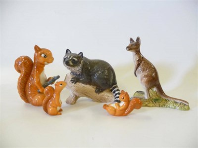 Lot 1155 - Beswick Kangaroo, model No. 1160, 14.6cm high; Racoon on log, model No. 2194, 10.8cm high and Three