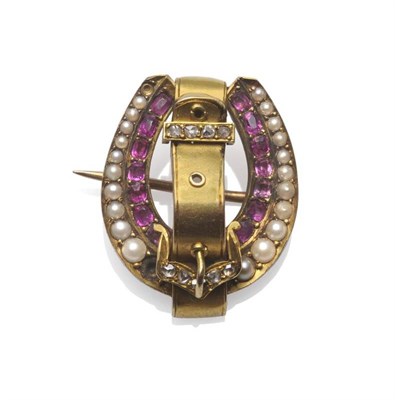 Lot 351 - A Horseshoe and Buckle Brooch, circa 1880, the horseshoe inset with graduated split pearls, and...