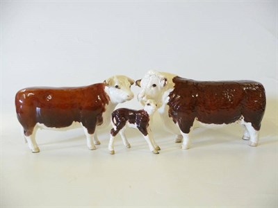 Lot 1167 - Beswick Hereford Bull, model No. 1363A, 10.8cm; Cow, model No. 1360, 10.8cm and Hereford Calf,...