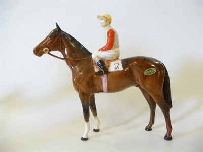 Lot 1179 - Beswick Racehorse and Jockey, model No. 1862, standing brown horse, jockey in light green and light