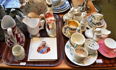 Lot 1 - Two trays including 19th century ceramics, Goss ware, two Royal commemorative tiles etc